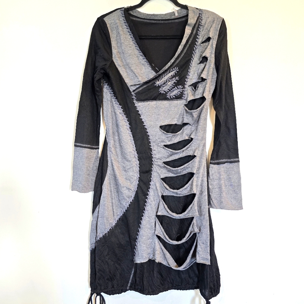 Black Gray Patchwork Shirt Dress Shredded Detailing Throughout Long Sleeves.D140